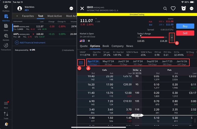The option chains on the iPad